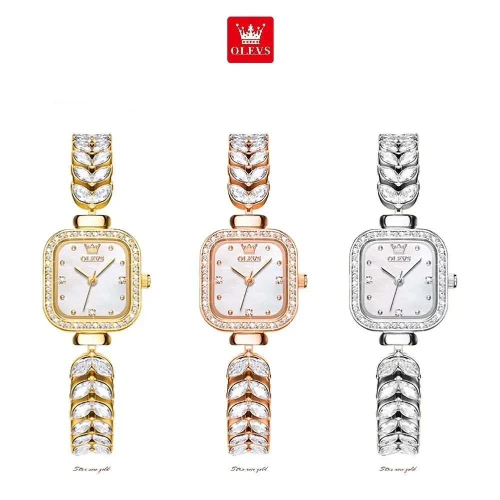 Relógio Feminino Quadrado Estilo Fashion em Aço Inoxidável com Pedras Banhado a Ouro Rosé