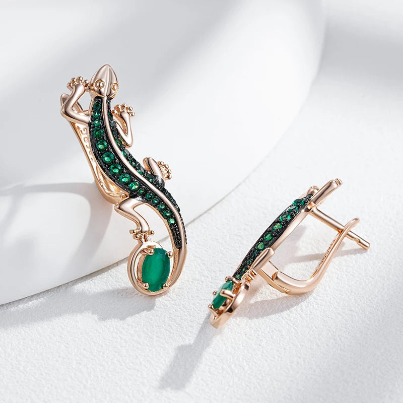 Brinco Lagartixa Verde com Zircõnia Banhado a Ouro Rosé 585