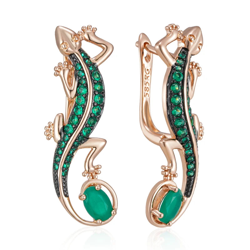 Brinco Lagartixa Verde com Zircõnia Banhado a Ouro Rosé 585