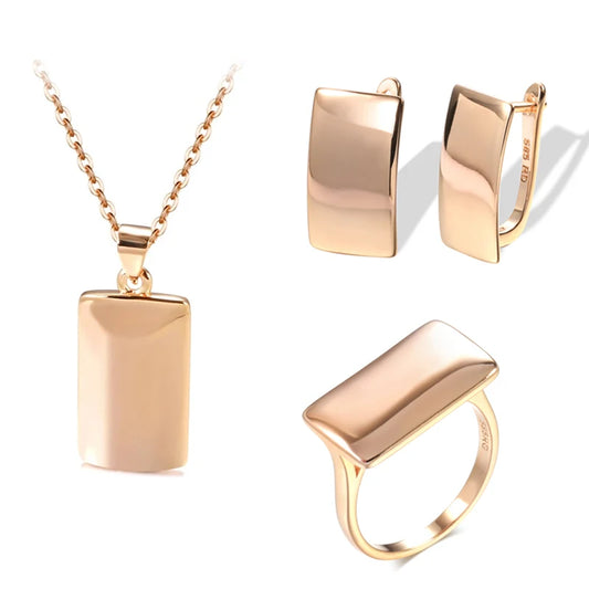 Conjunto de Brincos, Colar e Anel Geométrico Banhado a Ouro Rosé 585