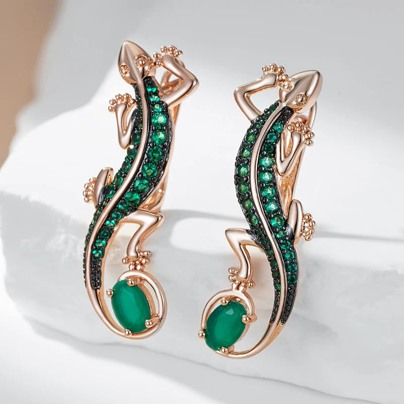 Brinco Lagartixa Verde com Zircõnia Banhado a Ouro Rosé 585